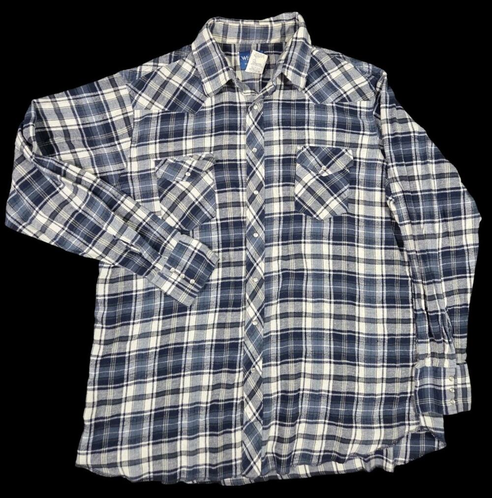 Wrangler Flannel Pearl Snap Shirt Plaid Western Cowboy 2XL Tall Blue White Y2K